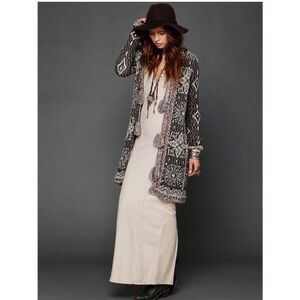 Free People Kai Tassel Pom Pom Tapestry Hooded Long Cardigan Sweater XS